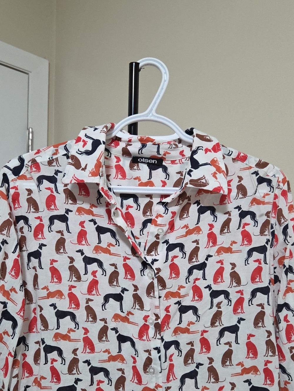 Olsen Men’s White Multicolor Dog Print Cotton Blend Button Down Shirt Casual - Picture 3 of 11
